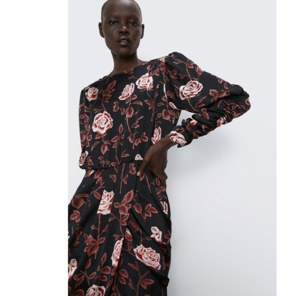 Zara Ruched Long Sleeve Rose Print Mini Asymmetrical Dress NWOT - Picture 4 of 13